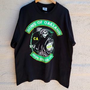 Sons Of Oakland Grim Reaper Green & Gold For Life Baseball Black Shirt.Size- 2XL